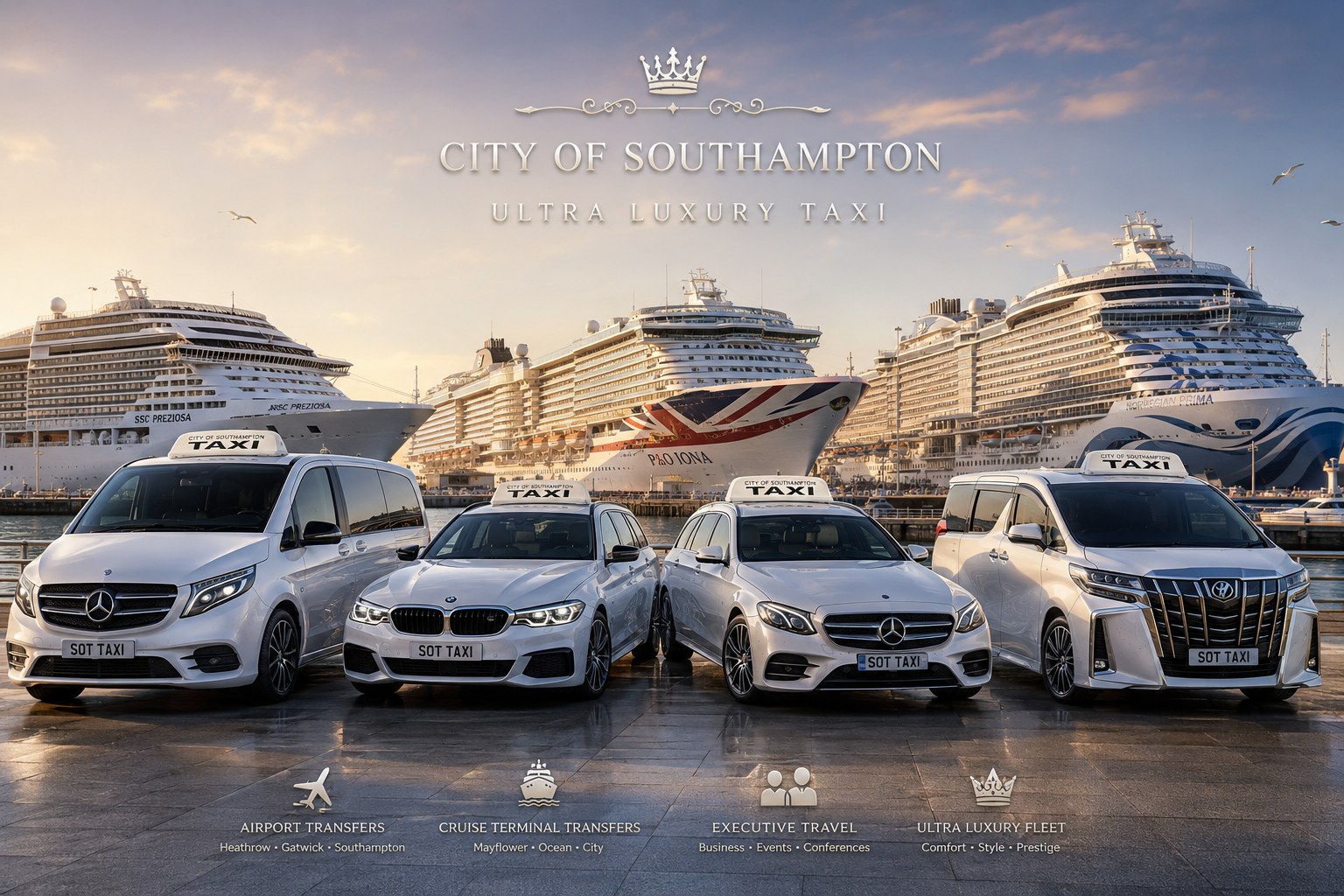 TaxiCity Southampton luxury fleet at Southampton cruise terminal
